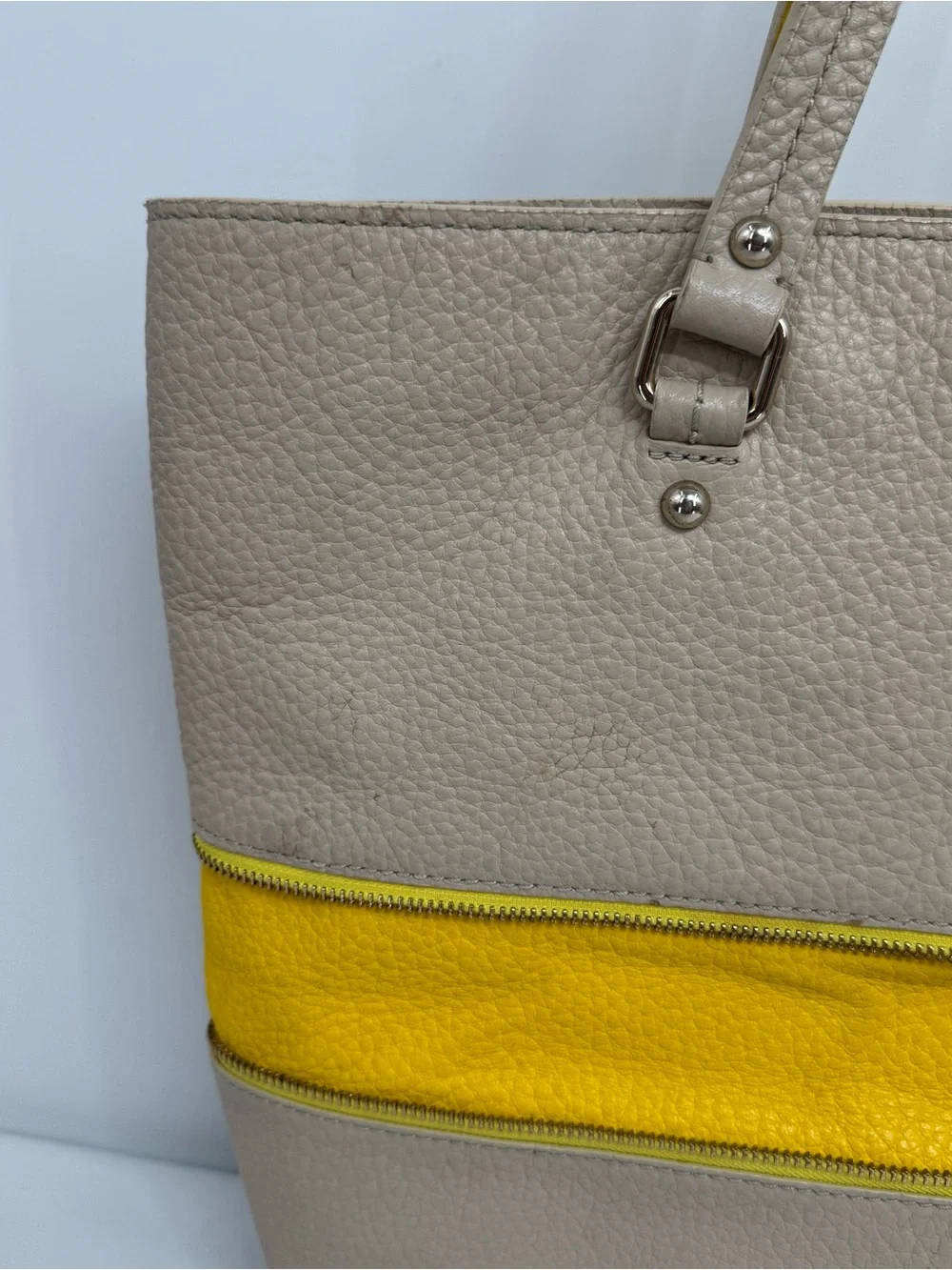 Kate Spade Grove Court Michelle TAN PEARL YELLOW Expandable Leather Large Tote